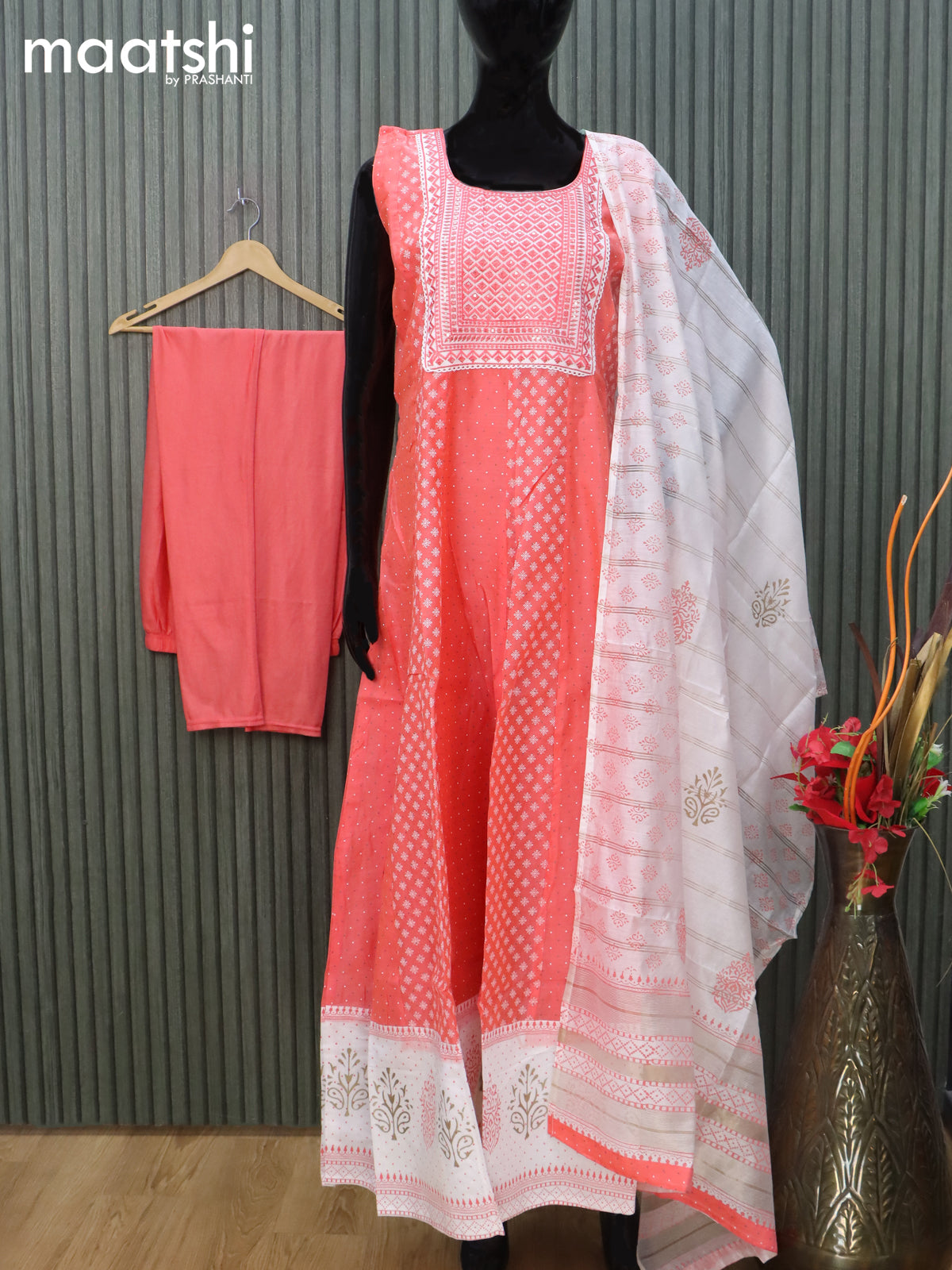 Chanderi readymade anarkali salwar suit orange and off white with allover prints & sequin embroidery work neck pattern and straight cut pant & dupatta sleeve attached