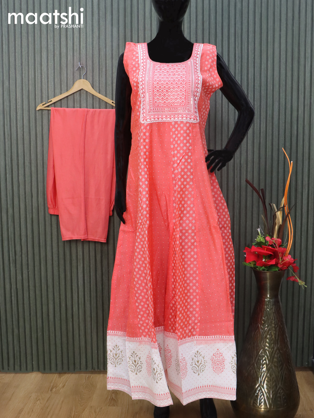 Chanderi readymade anarkali salwar suit orange and off white with allover prints & sequin embroidery work neck pattern and straight cut pant & dupatta sleeve attached