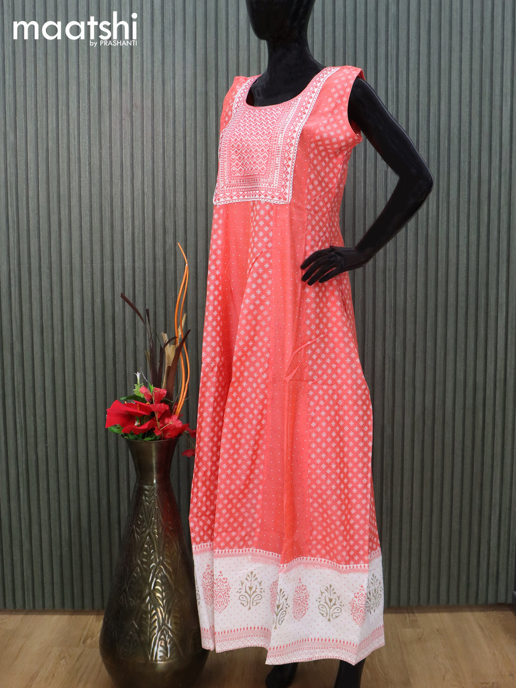 Chanderi readymade anarkali salwar suit orange and off white with allover prints & sequin embroidery work neck pattern and straight cut pant & dupatta sleeve attached