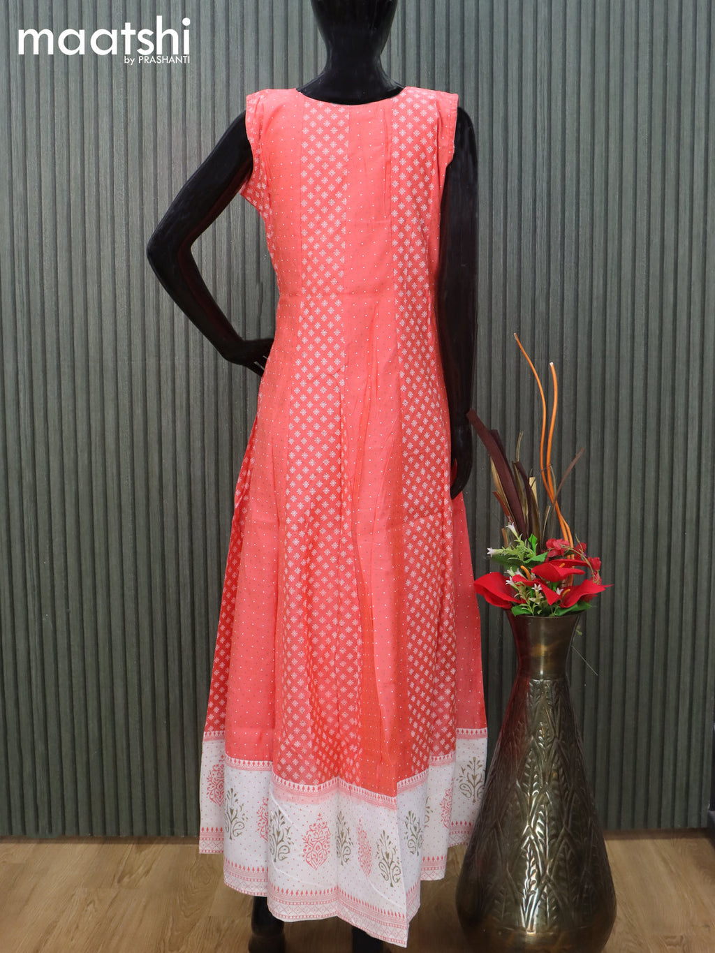 Chanderi readymade anarkali salwar suit orange and off white with allover prints & sequin embroidery work neck pattern and straight cut pant & dupatta sleeve attached