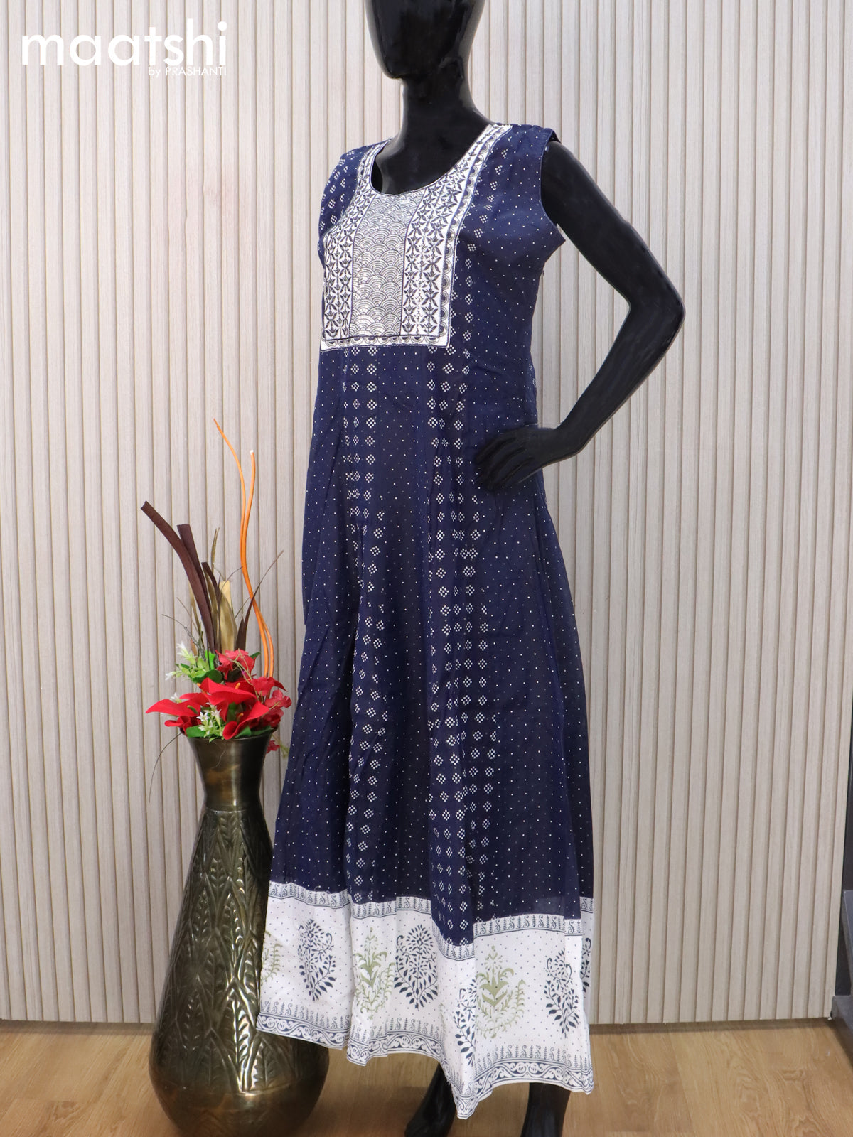 Raw silk readymade anarkali salwar suit dark blue and off white with allover prints & embroidery sequin work neck pattern and straight cut pant & dupatta sleeve attached