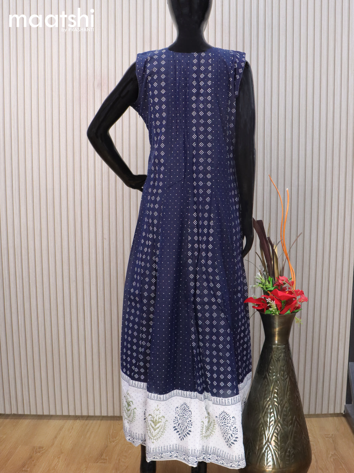 Raw silk readymade anarkali salwar suit dark blue and off white with allover prints & embroidery sequin work neck pattern and straight cut pant & dupatta sleeve attached