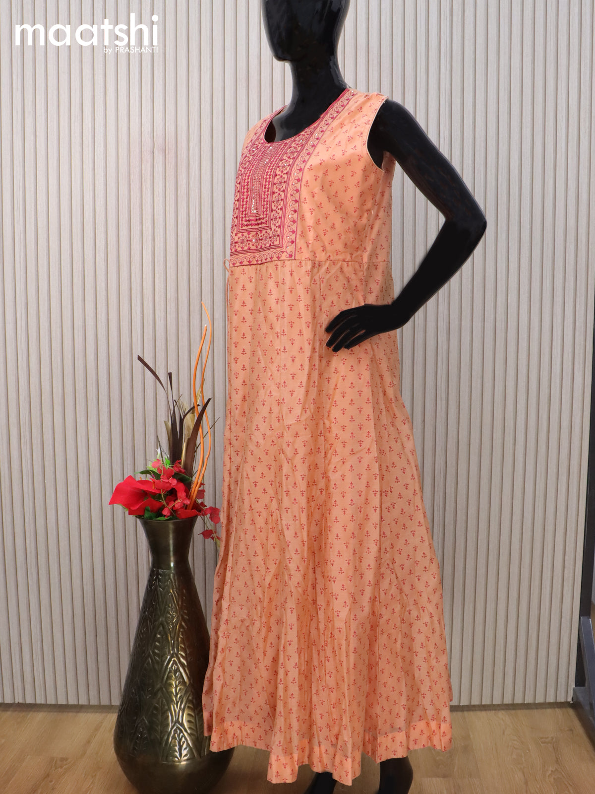 Raw silk readymade anarkali salwar suit peach shade and maroon with allover prints & embroidery sequin work neck pattern and straight cut pant & chiffon dupatta sleeve attached