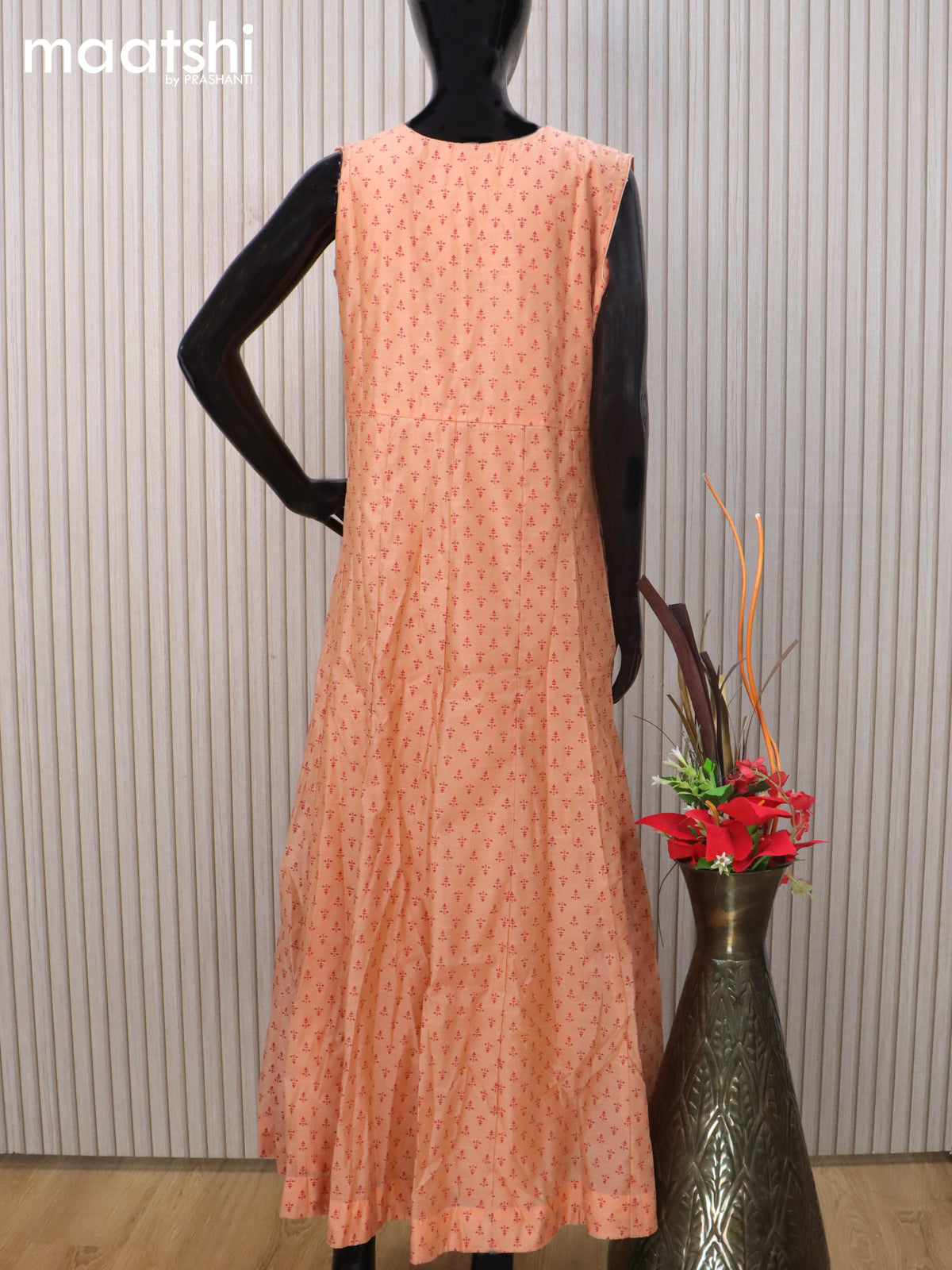 Raw silk readymade anarkali salwar suit peach shade and maroon with allover prints & embroidery sequin work neck pattern and straight cut pant & chiffon dupatta sleeve attached