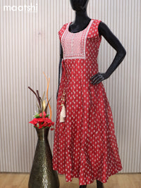 Raw silk readymade anarkali salwar suit maroon and cream with butta prints & embroidery sequin work neck pattern and straight cut pant & chiffon dupatta sleeve attached