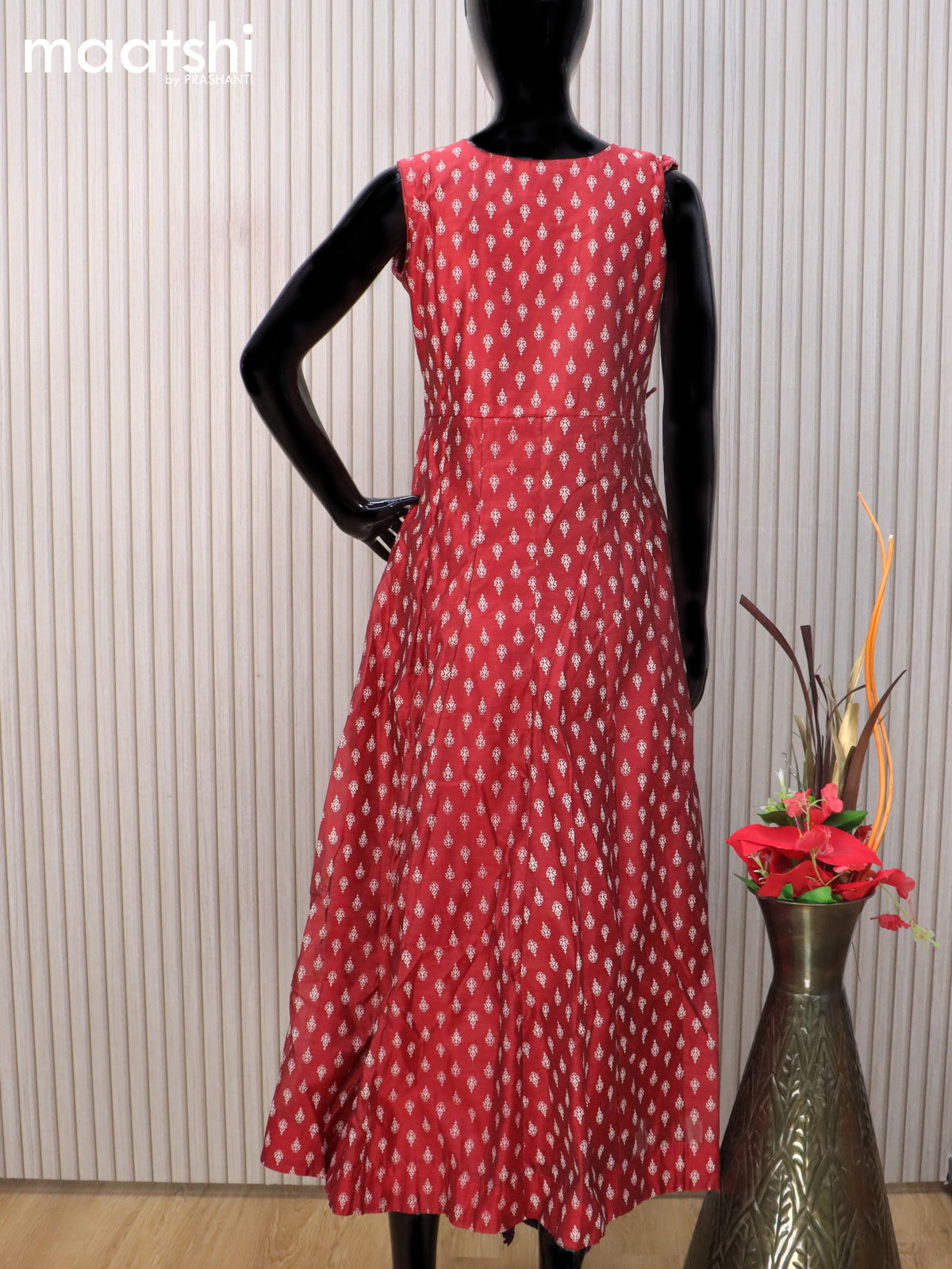 Raw silk readymade anarkali salwar suit maroon and cream with butta prints & embroidery sequin work neck pattern and straight cut pant & chiffon dupatta sleeve attached