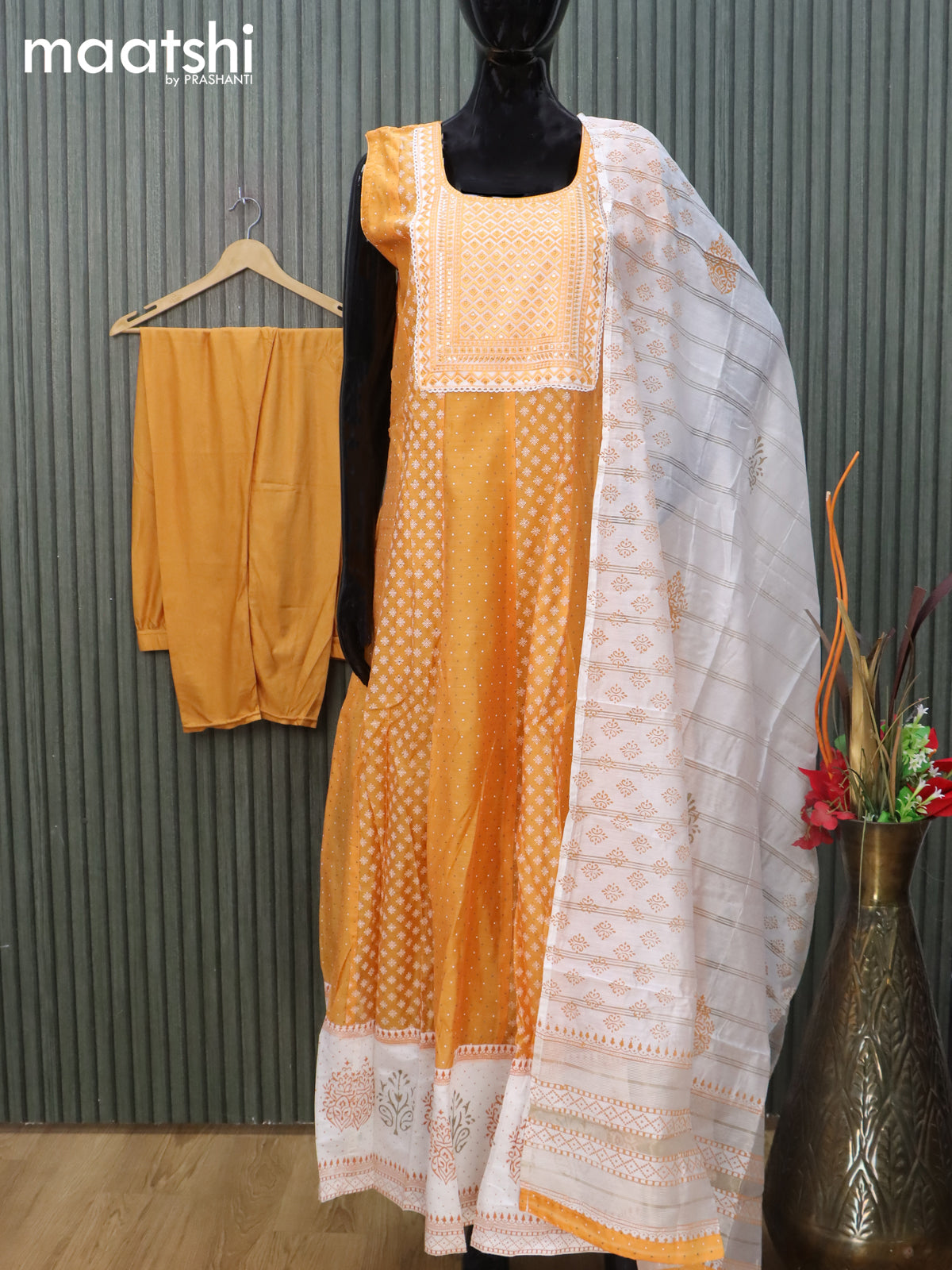 Raw silk readymade anarkali salwar suit mustard yellow and off white with allover prints & embroidery sequin work neck pattern and straight cut pant & dupatta sleeve attached