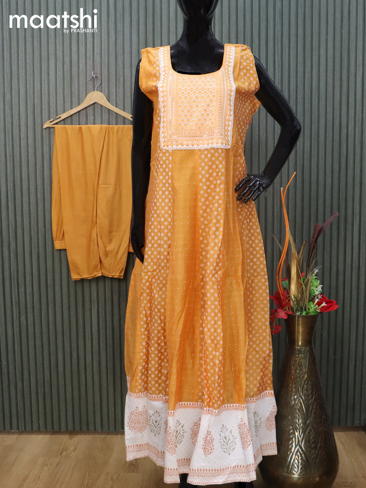 Raw silk readymade anarkali salwar suit mustard yellow and off white with allover prints & embroidery sequin work neck pattern and straight cut pant & dupatta sleeve attached