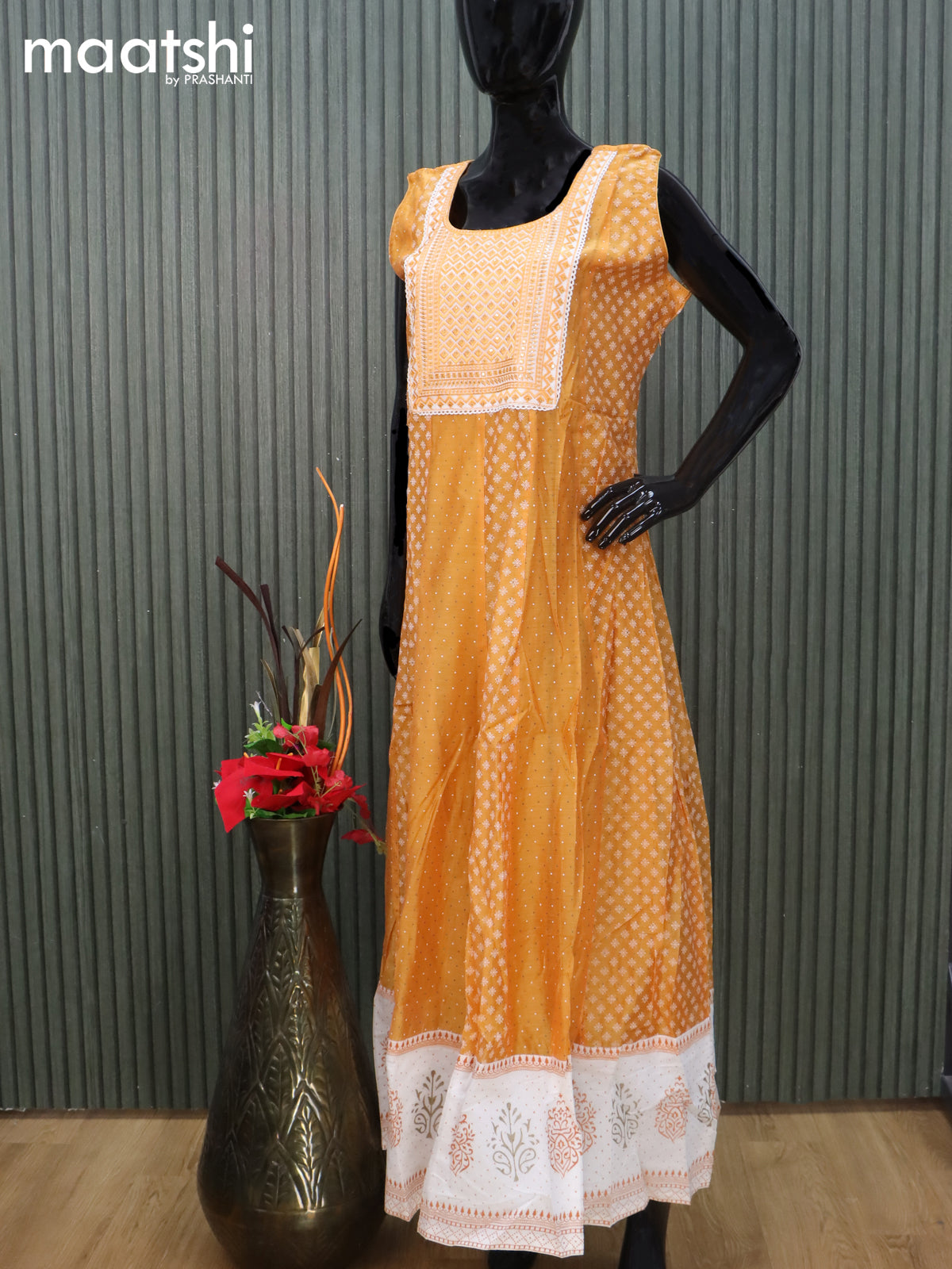 Raw silk readymade anarkali salwar suit mustard yellow and off white with allover prints & embroidery sequin work neck pattern and straight cut pant & dupatta sleeve attached