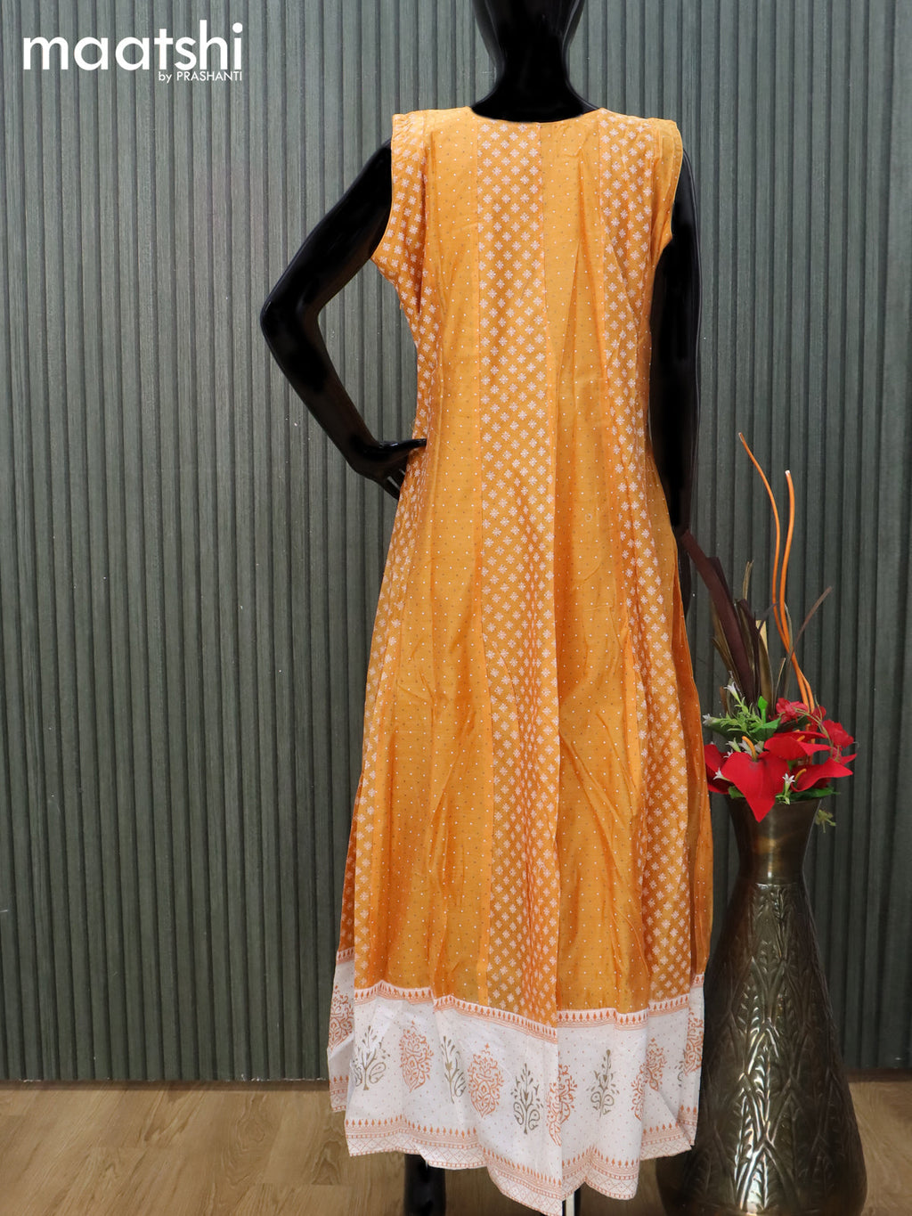 Raw silk readymade anarkali salwar suit mustard yellow and off white with allover prints & embroidery sequin work neck pattern and straight cut pant & dupatta sleeve attached