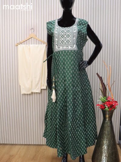 Raw silk readymade anarkali salwar suit dark green and cream with allover prints & embroidery sequin work neck pattern and straight cut pant & dupatta sleeve attached