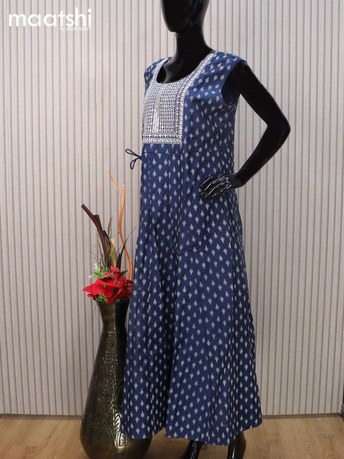 Raw silk readymade anarkali salwar suit dark blue and cream with allover prints & embroidery sequin work neck pattern and straight cut pant & dupatta sleeve attached