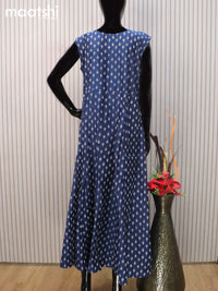 Raw silk readymade anarkali salwar suit dark blue and cream with allover prints & embroidery sequin work neck pattern and straight cut pant & dupatta sleeve attached