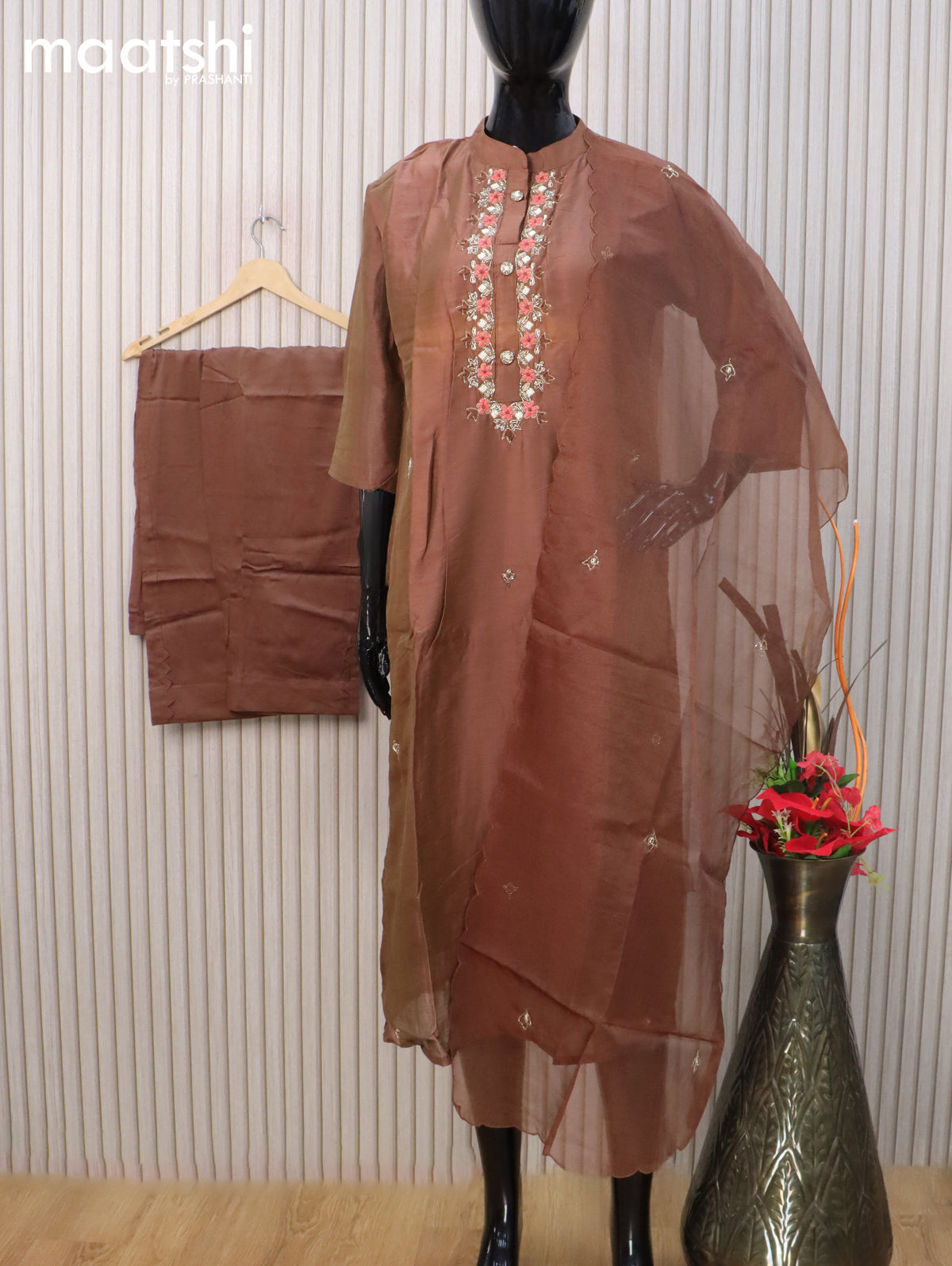 Raw silk readymade salwar suit dual shade of brown with embroidery beaded work neck pattern and straight cut pant & organza dupatta