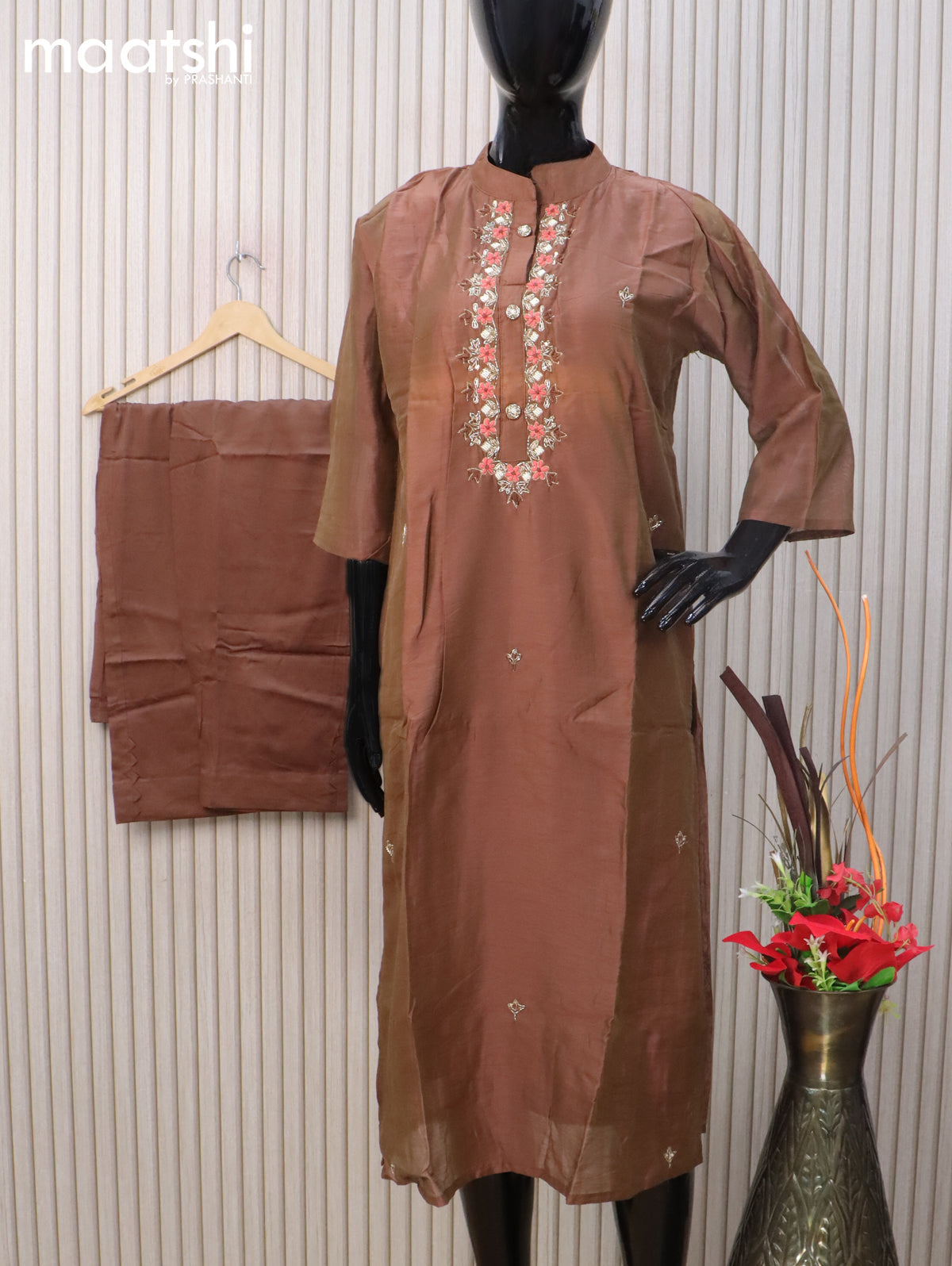 Raw silk readymade salwar suit dual shade of brown with embroidery beaded work neck pattern and straight cut pant & organza dupatta