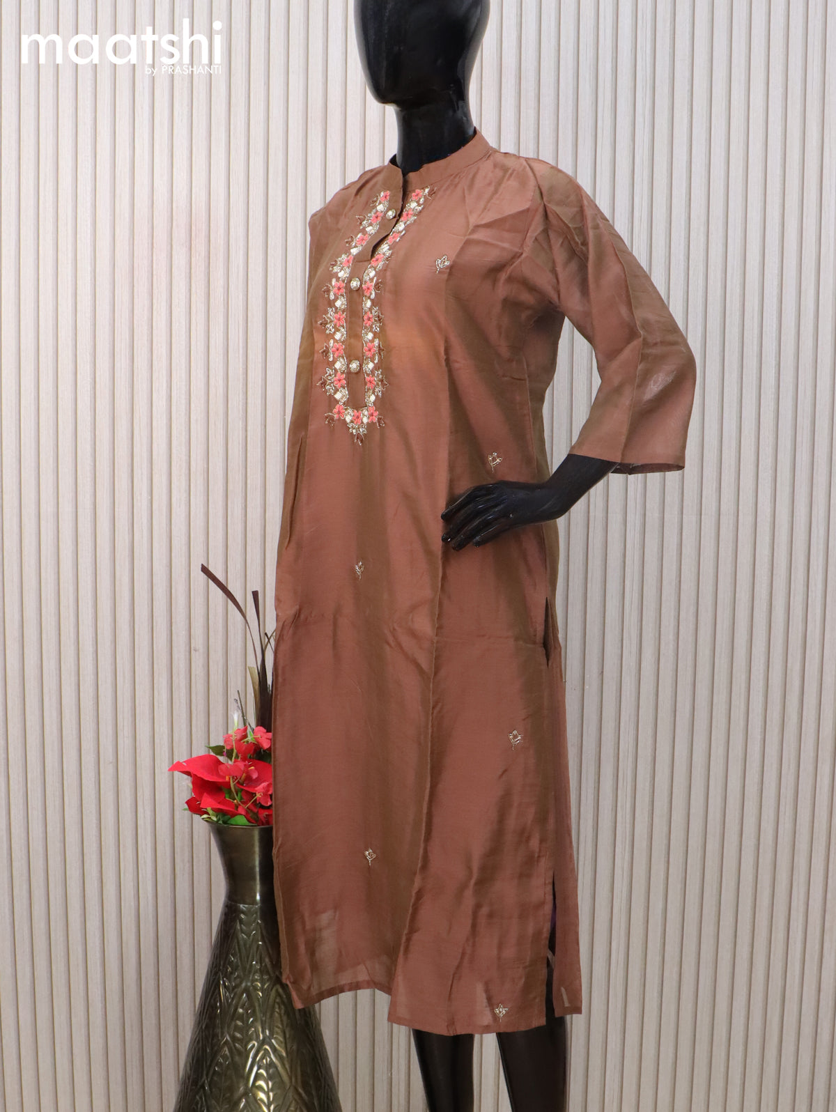Raw silk readymade salwar suit dual shade of brown with embroidery beaded work neck pattern and straight cut pant & organza dupatta