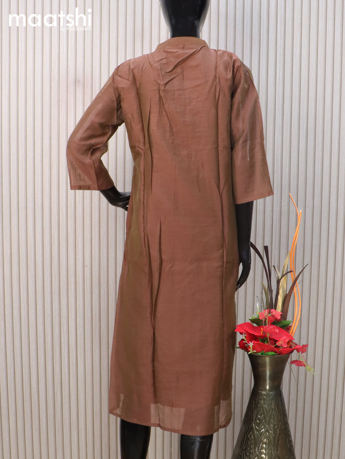Raw silk readymade salwar suit dual shade of brown with embroidery beaded work neck pattern and straight cut pant & organza dupatta