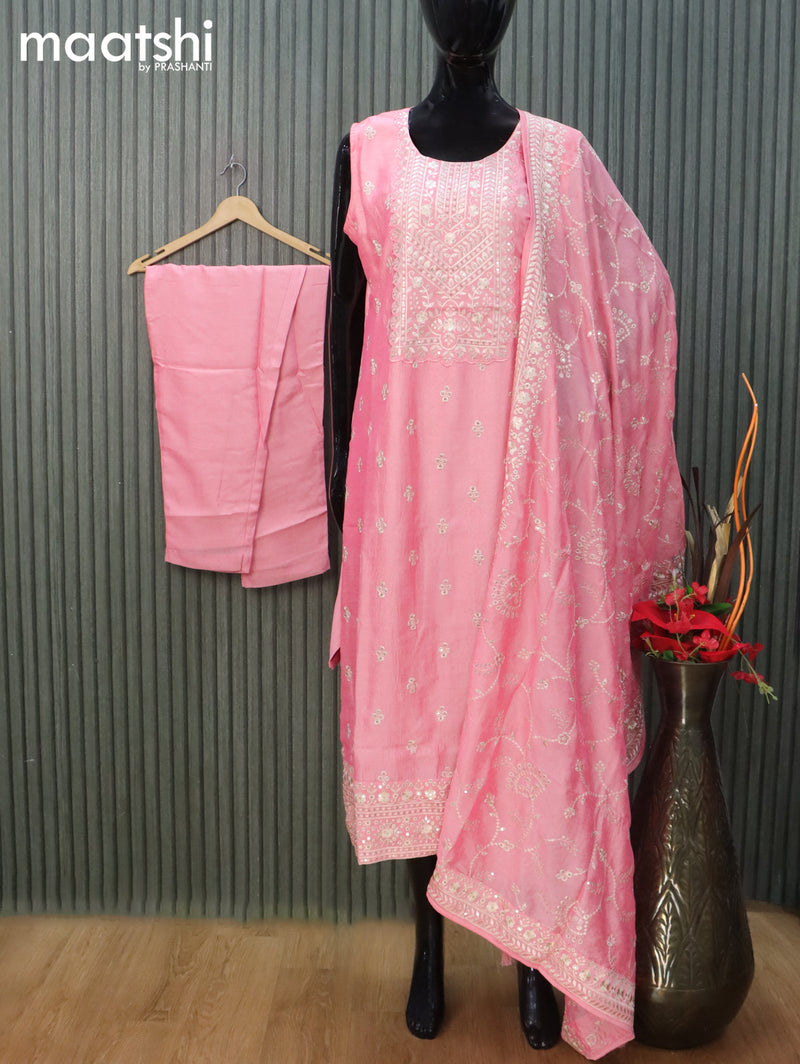 Raw silk readymade salwar suit light pink with allover embroidery sequin work neck pattern and straight cut pant & embroidery dupatta