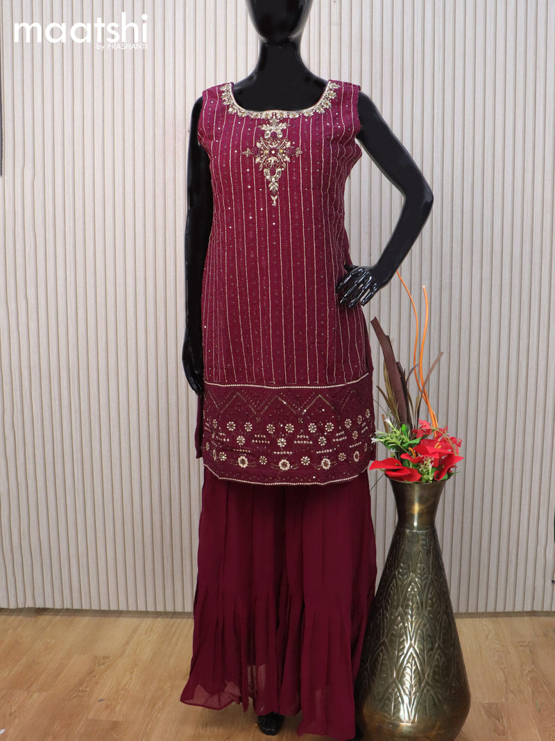 Georgette readymade salwar suit deep purple with allover embroidery & stone work neck pattern and palazzo pant & netted dupatta sleeve attached