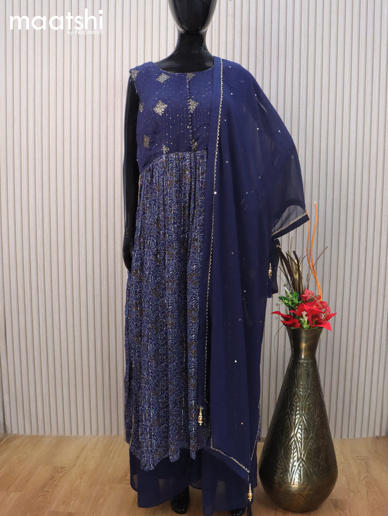 Georgette readymade naira cut salwar suit dark blue with allover prints & embroidery sequin work neck pattern and palazzo pant & dupatta sleeve attached