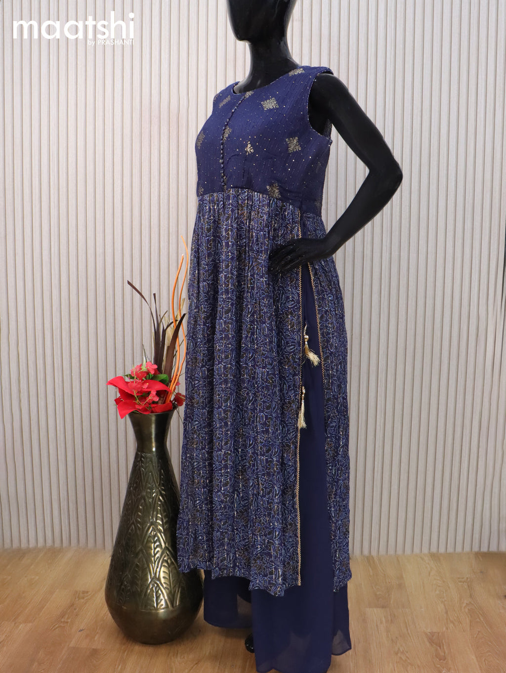 Georgette readymade naira cut salwar suit dark blue with allover prints & embroidery sequin work neck pattern and palazzo pant & dupatta sleeve attached