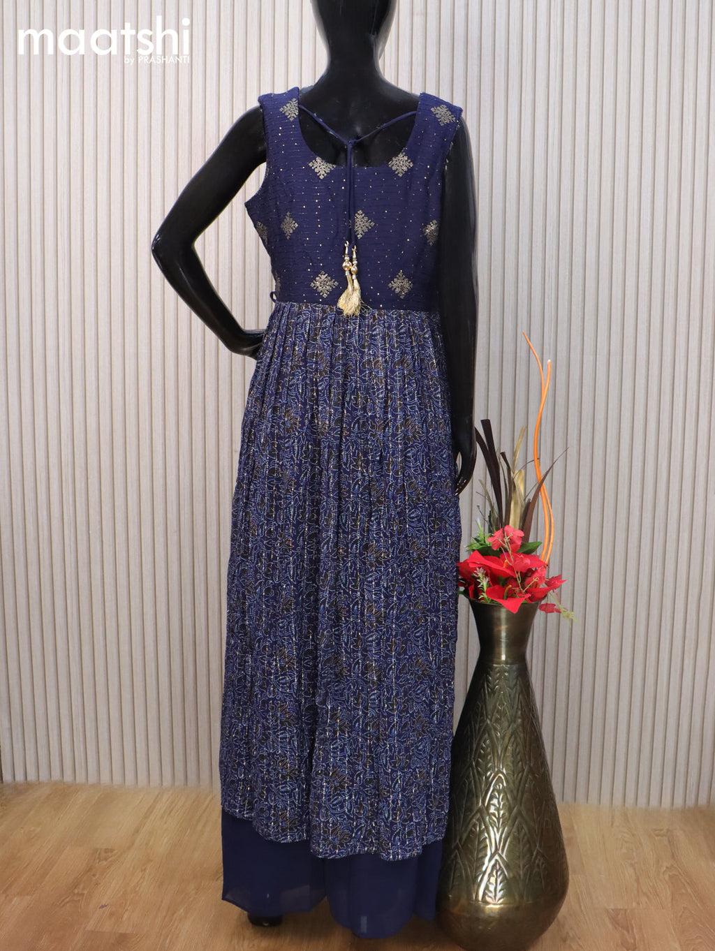 Georgette readymade naira cut salwar suit dark blue with allover prints & embroidery sequin work neck pattern and palazzo pant & dupatta sleeve attached