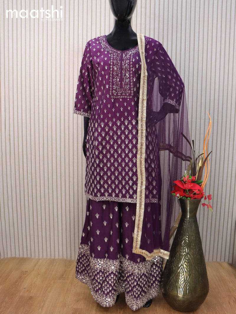 Silk georgette readymade salwar suit deep purple with allover embroidery & mirror work neck pattern and sharara pant & netted dupatta sleeve attached
