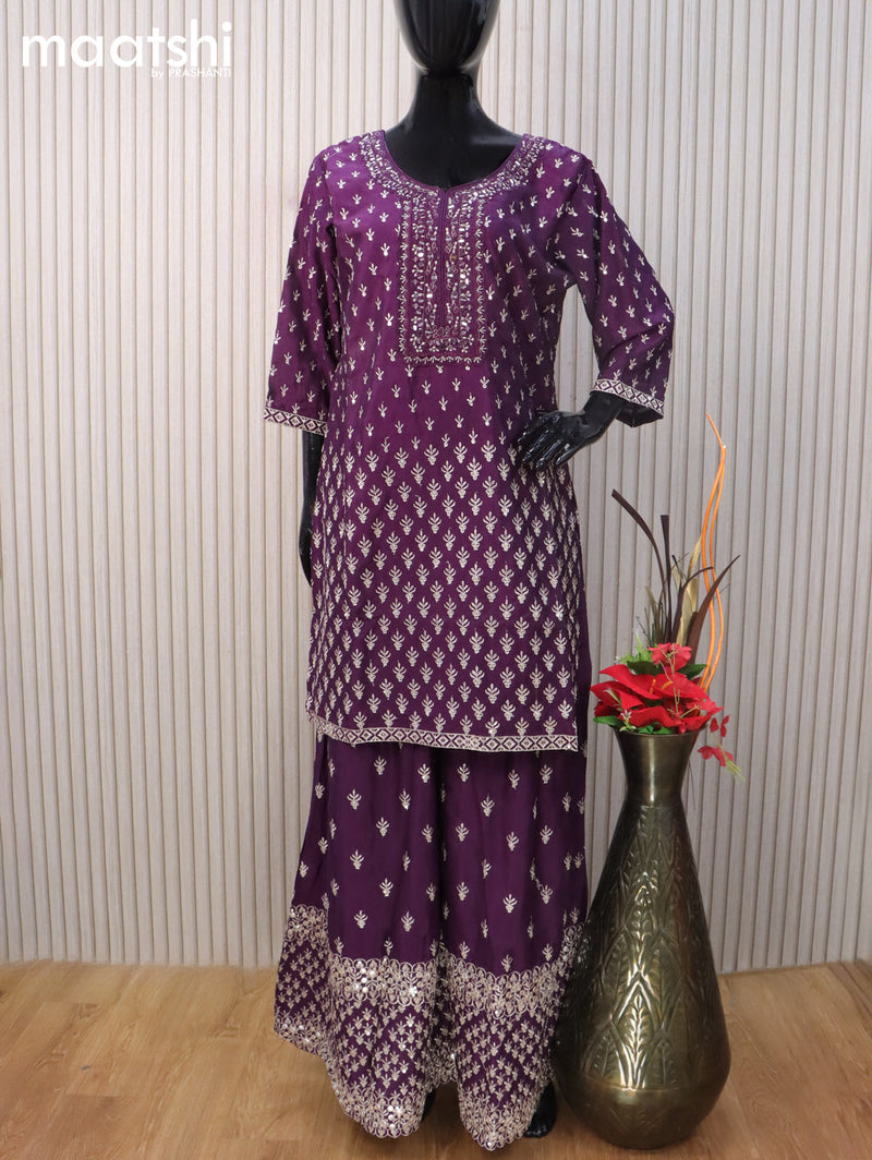Silk georgette readymade salwar suit deep purple with allover embroidery & mirror work neck pattern and sharara pant & netted dupatta sleeve attached