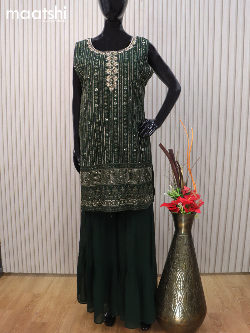 Georgette readymade salwar suit bottle green with allover embroidery sequin work and sharara pant & netted dupatta sleeve attached
