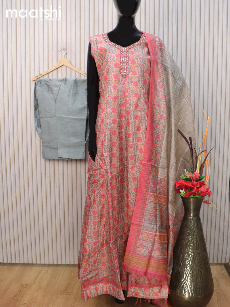 Chanderi readymade anarkali salwar suit pastel grey and pink shade with allover prints & beaded work neck pattern and straight cut pant & tussar dupatta sleeve attached