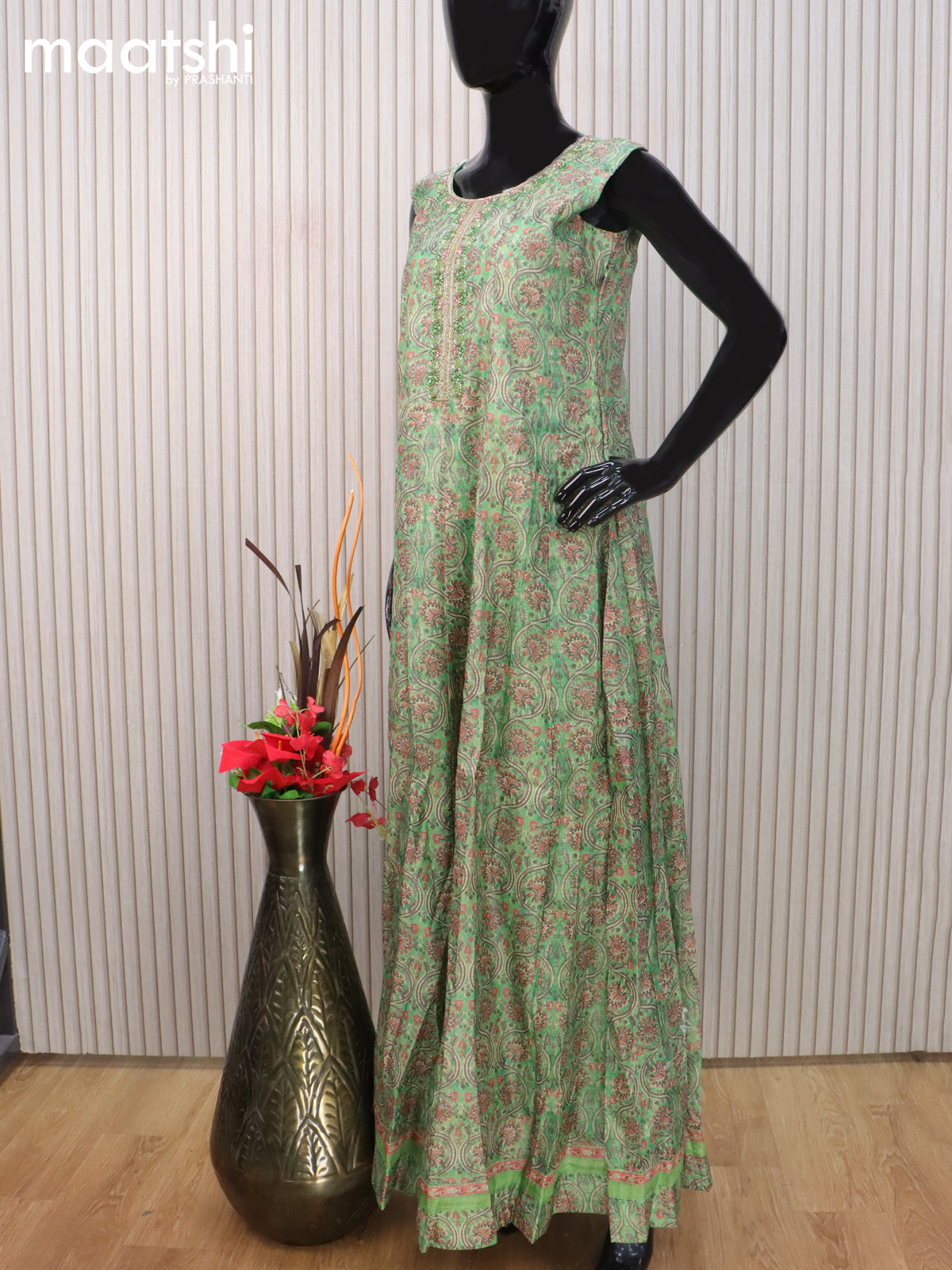 Chanderi readymade anarkali salwar suit green and sandal with allover prints & beaded work neck pattern and straight cut pant & tussar dupatta sleeve attached