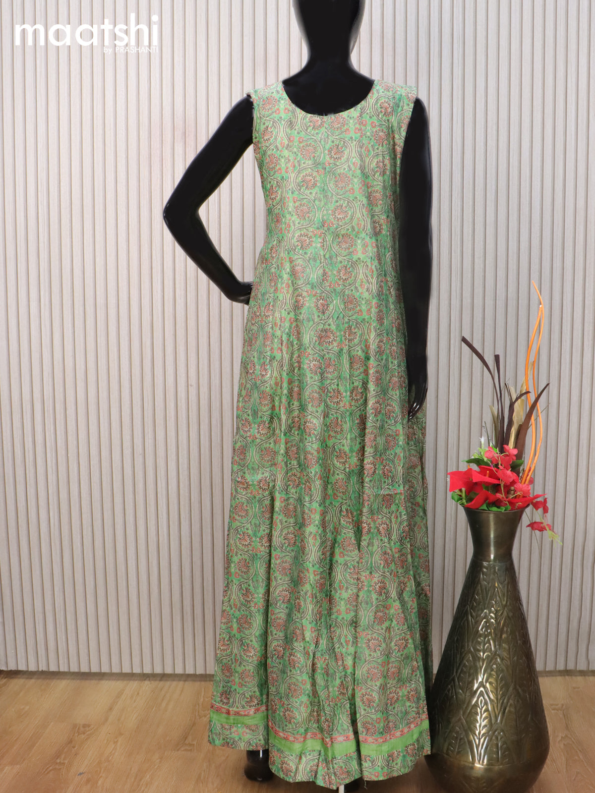 Chanderi readymade anarkali salwar suit green and sandal with allover prints & beaded work neck pattern and straight cut pant & tussar dupatta sleeve attached
