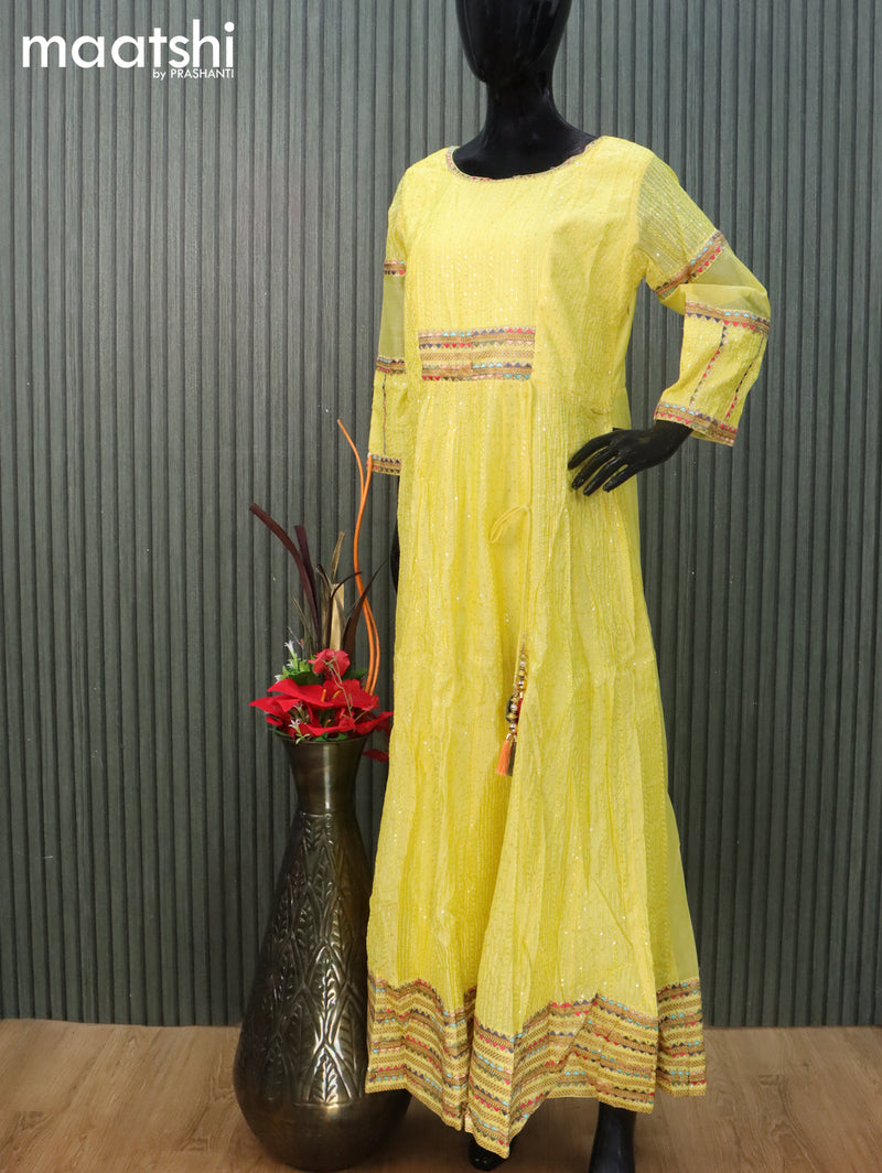 Raw silk readymade anarkali salwar suit yellow with allover embroidery sequin work and straight cut pant & dupatta sleeve attached