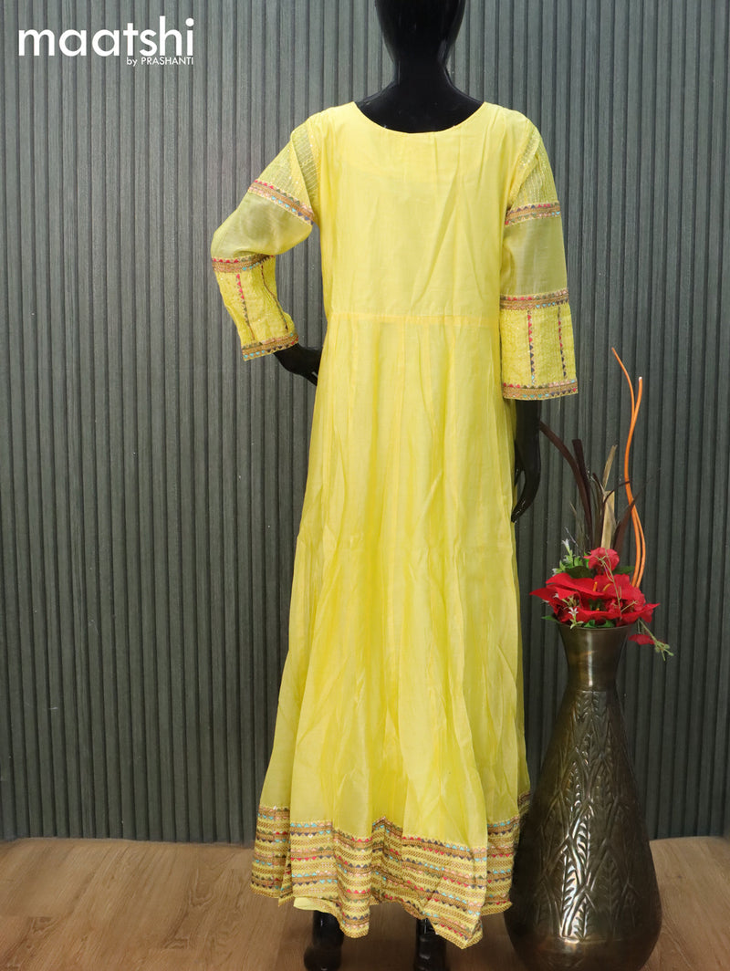 Raw silk readymade anarkali salwar suit yellow with allover embroidery sequin work and straight cut pant & dupatta sleeve attached