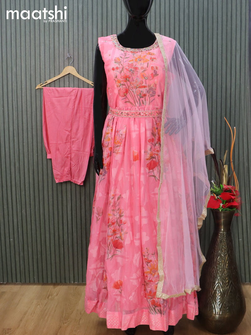 Chiffon readymade anarkali salwar suit light pink with allover floral weaves & embroidery work neck pattern and straight cut pant & netted dupatta sleeve attached