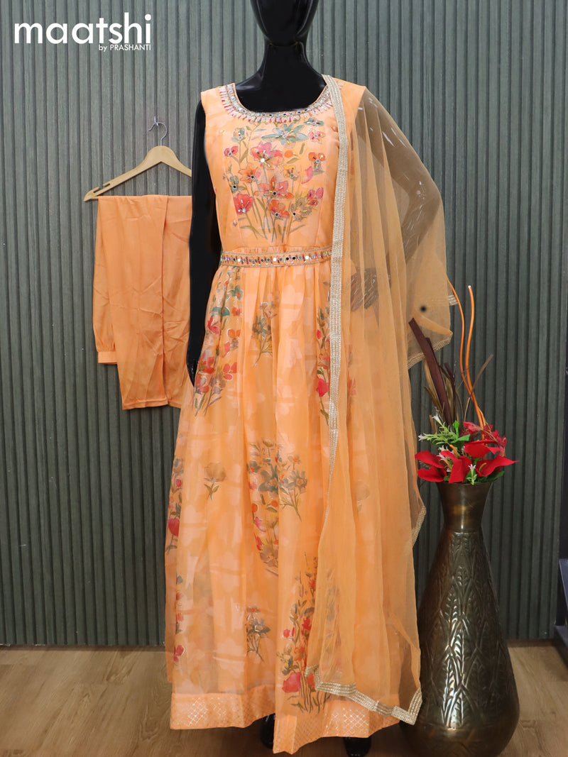 Chiffon readymade anarkali salwar suit peach orange with allover floral weaves & embroidery work neck pattern and straight cut pant & netted dupatta sleeve attached