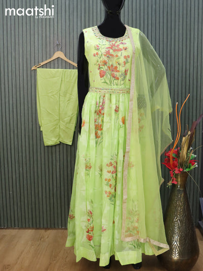 Chiffon readymade anarkali salwar suit fluorescent green with allover floral weaves & embroidery work neck pattern and straight cut pant & netted dupatta sleeve attached