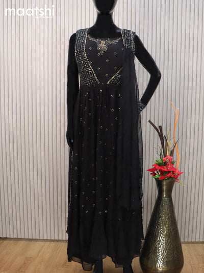 Georgette readymade naira cut salwar suit black with allover embroidery sequin work and palazzo pant & dupatta sleeve attached