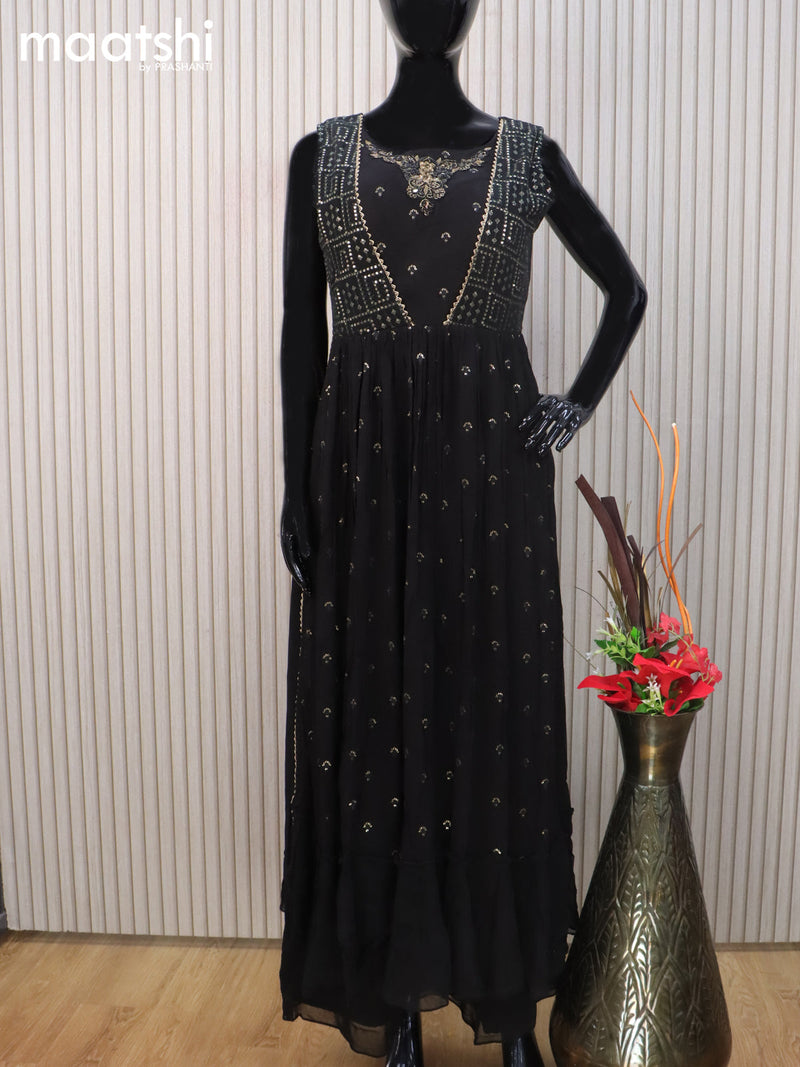 Georgette readymade naira cut salwar suit black with allover embroidery sequin work and palazzo pant & dupatta sleeve attached