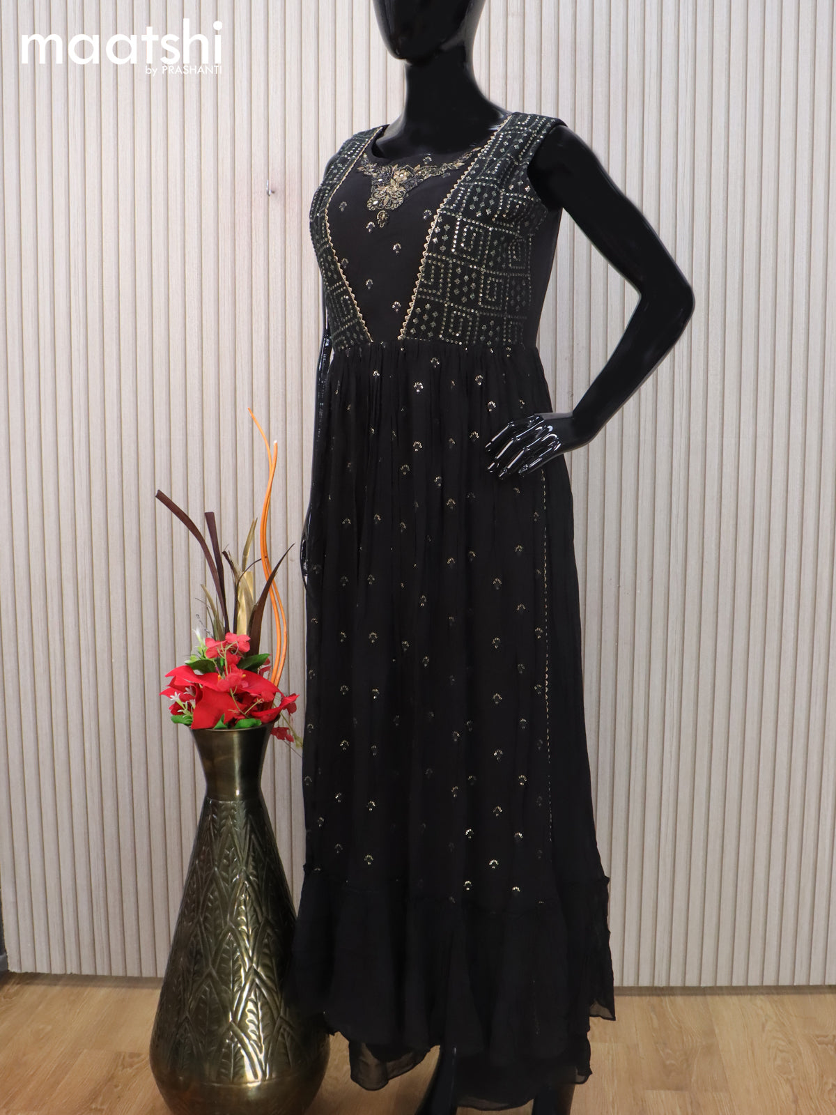 Georgette readymade naira cut salwar suit black with allover embroidery sequin work and palazzo pant & dupatta sleeve attached