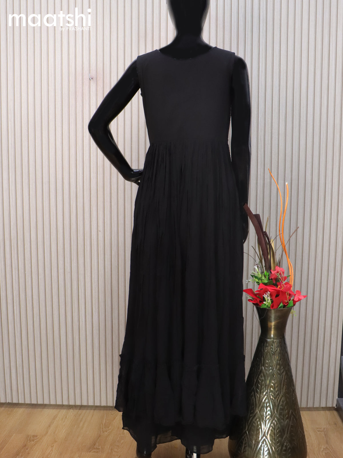 Georgette readymade naira cut salwar suit black with allover embroidery sequin work and palazzo pant & dupatta sleeve attached