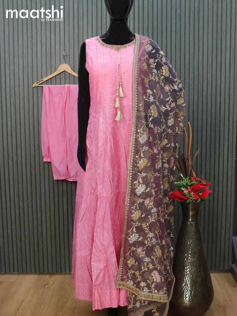 Raw silk readymade anarkali salwar suit light pink and grey with allover embroidery sequin work and straight cut pant & netted dupatta