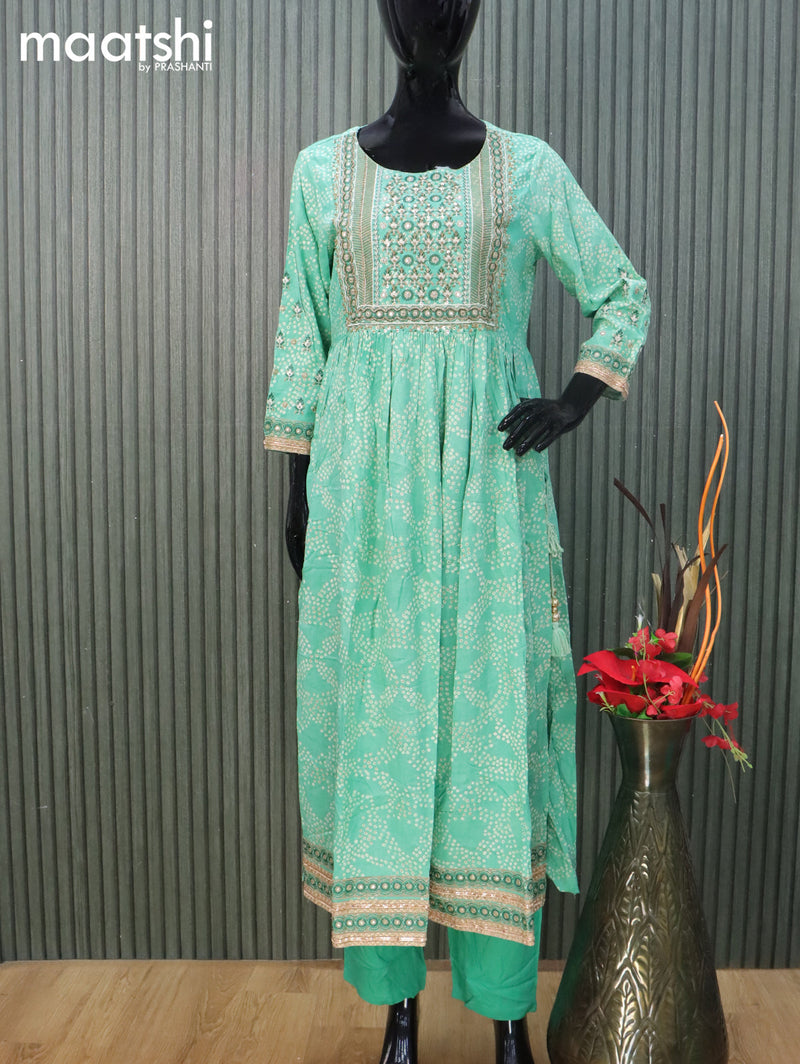 Cotton readymade anarkali salwar suit teal green with allover prints & embroidery work neck pattern and straight cut pant & chiffon dupatta