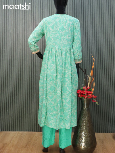 Cotton readymade anarkali salwar suit teal green with allover prints & embroidery work neck pattern and straight cut pant & chiffon dupatta