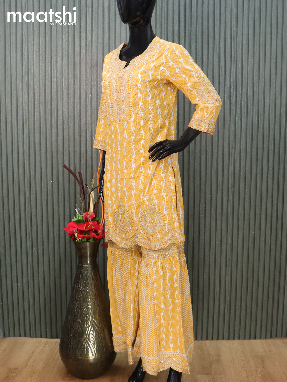 Cotton readymade anarkali salwar suit mustard yellow with allover prints & embroidery work neck pattern and straight cut pant & kota dupatta potli bag