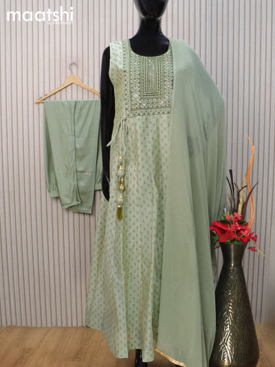 Raw silk readymade anarkali salwar suit green shade with allover prints & embroidery sequin work neck pattern and straight cut pant & chiffon dupatta sleeve attached