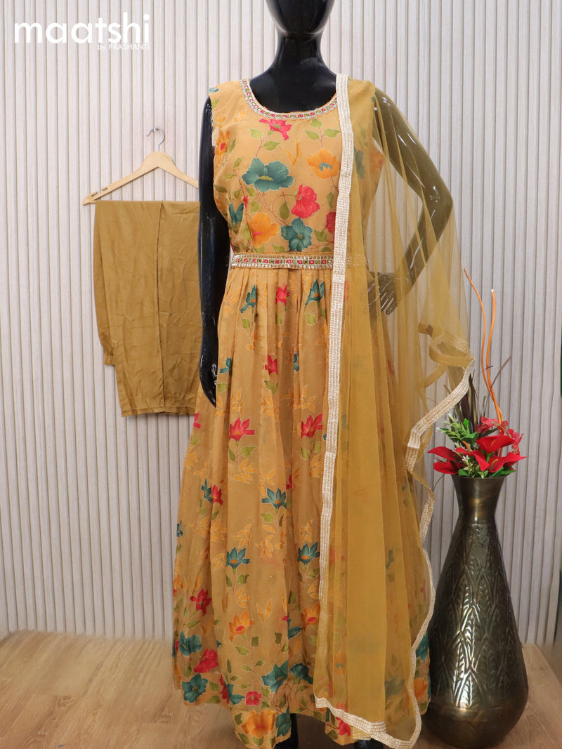 Chiffon readymade anarkali salwar suit sandal with allover floral weaves & embroidery work neck pattern and straight cut pant & netted dupatta sleeve attached