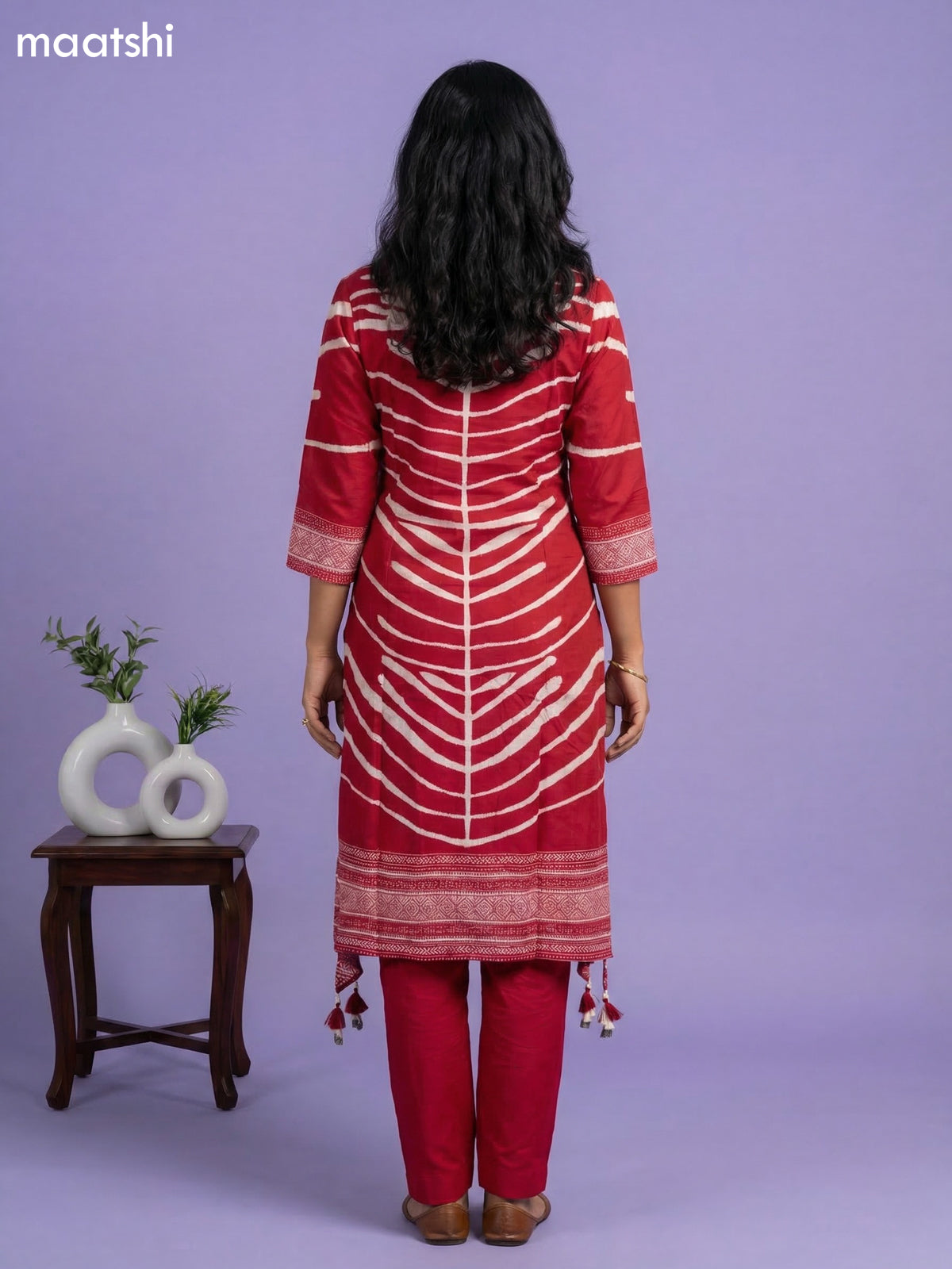 Red and Cream Art Tussar Printed Fish Cut Kurti Set