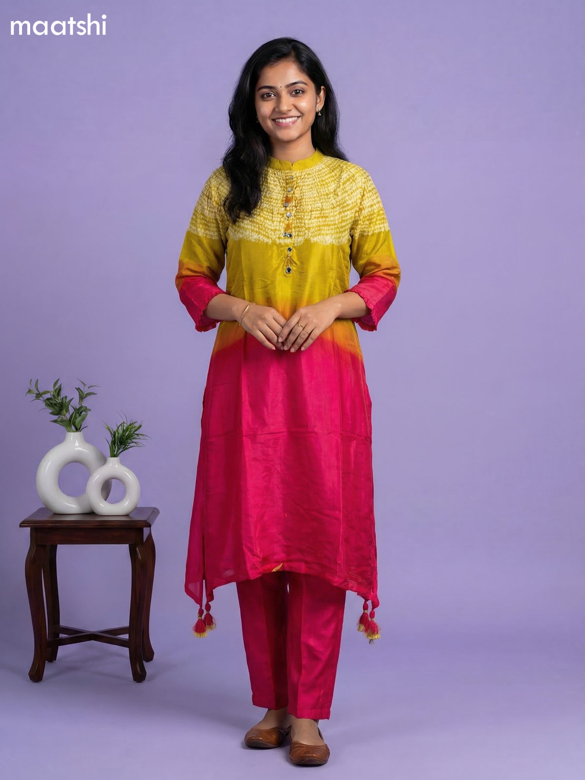 Lime Green and Pink Art Tussar Shibori Printed Fish Cut Kurti Set