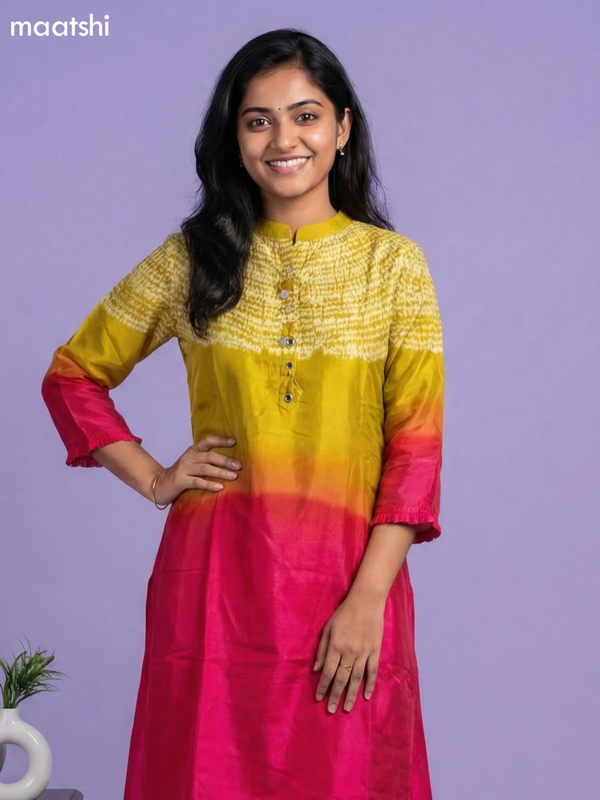 Lime Green and Pink Art Tussar Shibori Printed Fish Cut Kurti Set